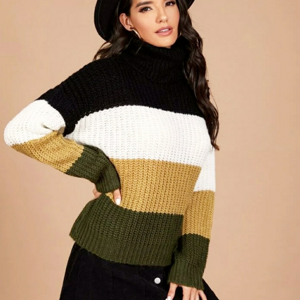 Rolled Neck Drop Shoulder Colorblock Sweater Sz; M